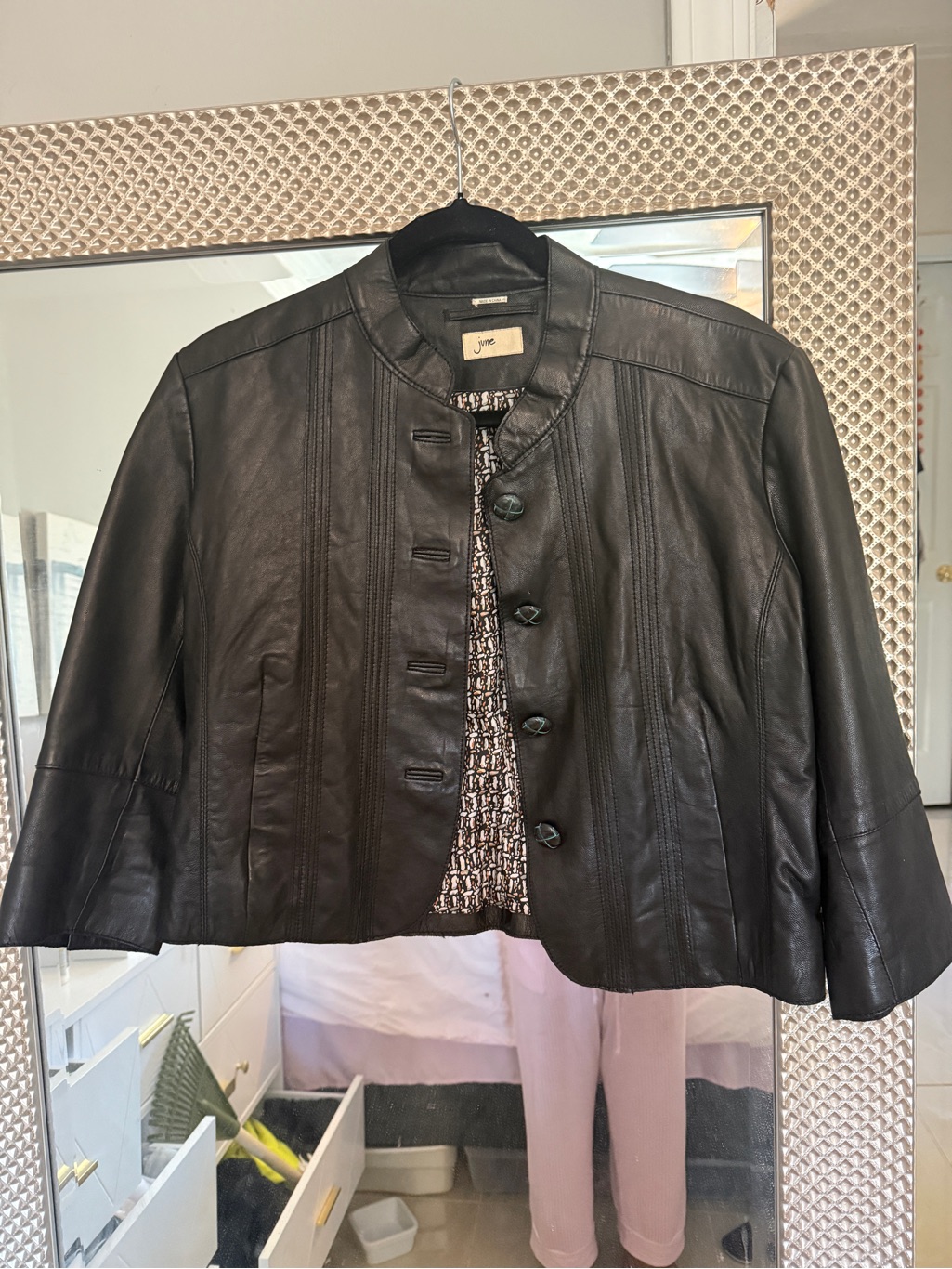 June Black Leather Cropped Button-Front Jacket